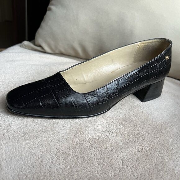 Etienne Aigner Black Croc Embossed Leather Block Heel Pumps Women 7N Narrow - Picture 2 of 16